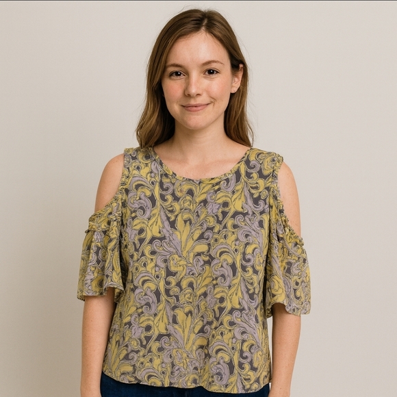 Cato Yellow Gray Cold Shoulder Paisley Plus Size Blouse Sz 14W/16W - Picture 1 of 9
